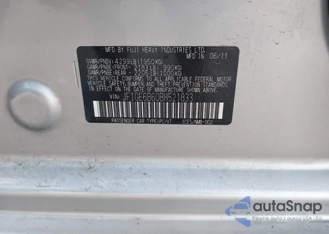 2011 Subaru Impreza 2.5I Premium from USA, damaged, VIN JF1GE6B60BH521833